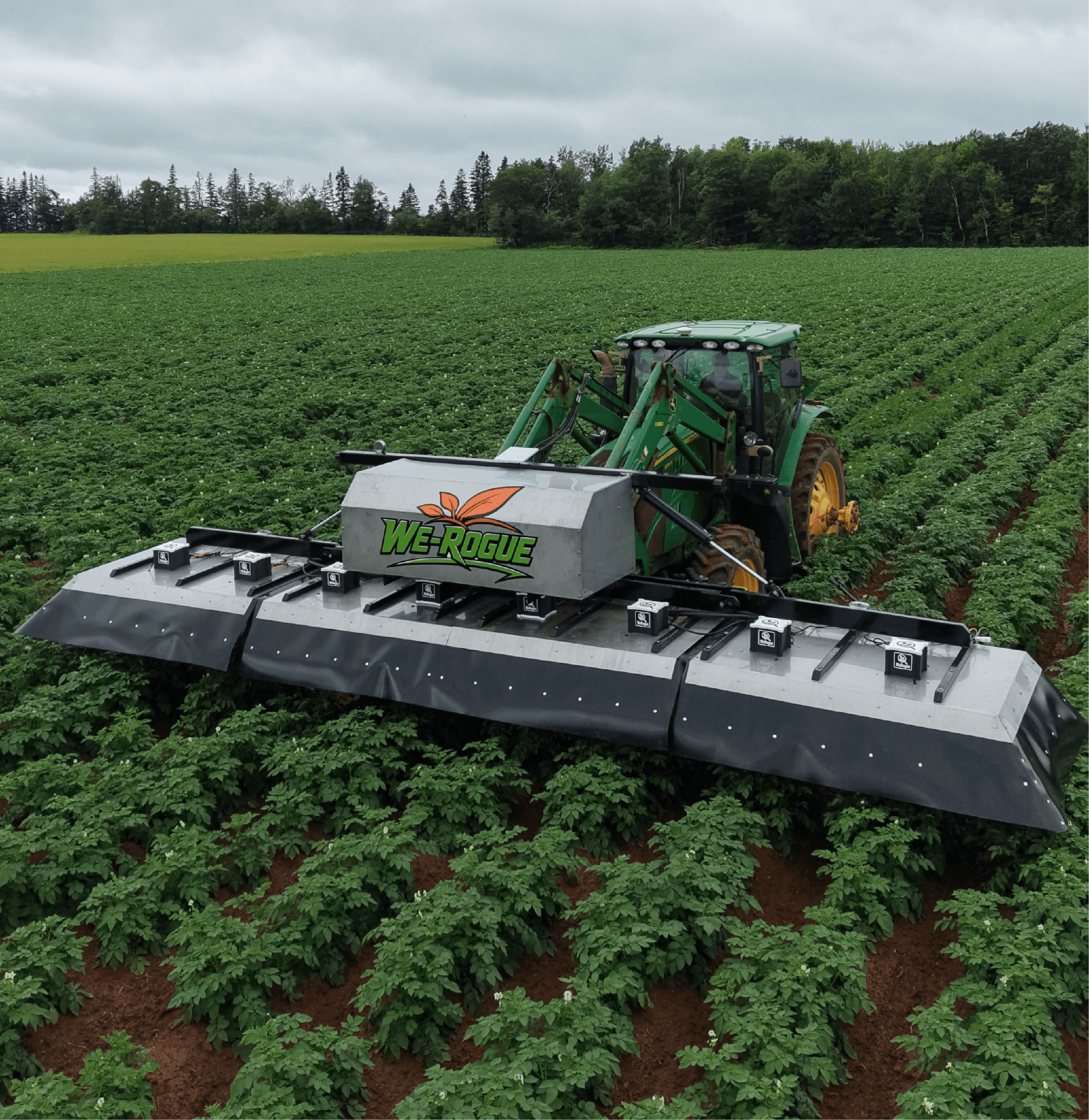 We-Rogue system driving between rows of crops