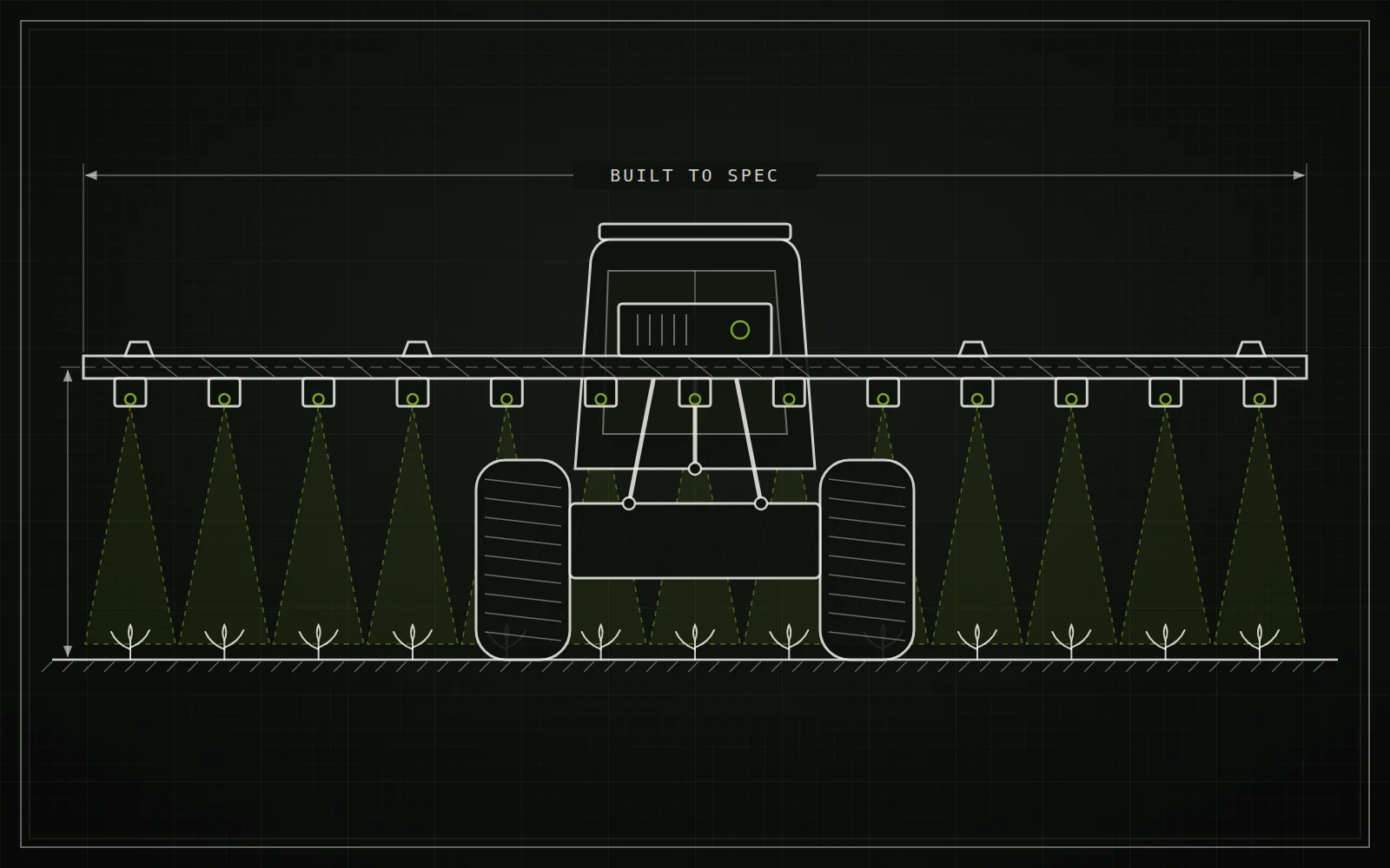 Blueprint drawing of a custom tractor-mounted roguing boom with a row of cameras over potato rows